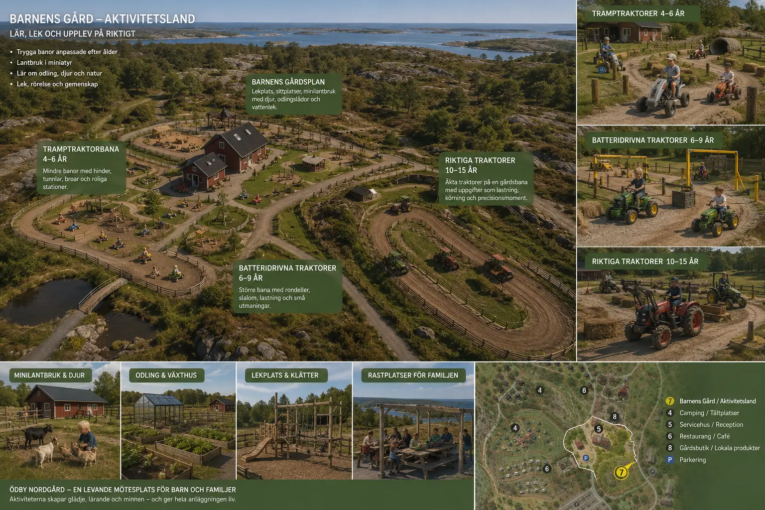 Översiktsbild för Barnens Gård – Aktivitetsland med flygbild över traktorbanorna och bilder av tramptraktorer, batteridrivna traktorer, riktiga traktorer, odling och växthus, lekplats och rastplatser, samt en karta över gården