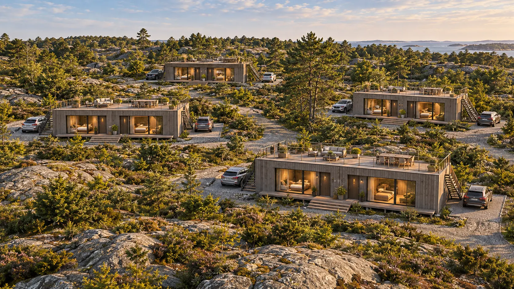 Flygbild över fyra moderna trähus på klipphäll med tallar och hav i bakgrunden i aftonljus