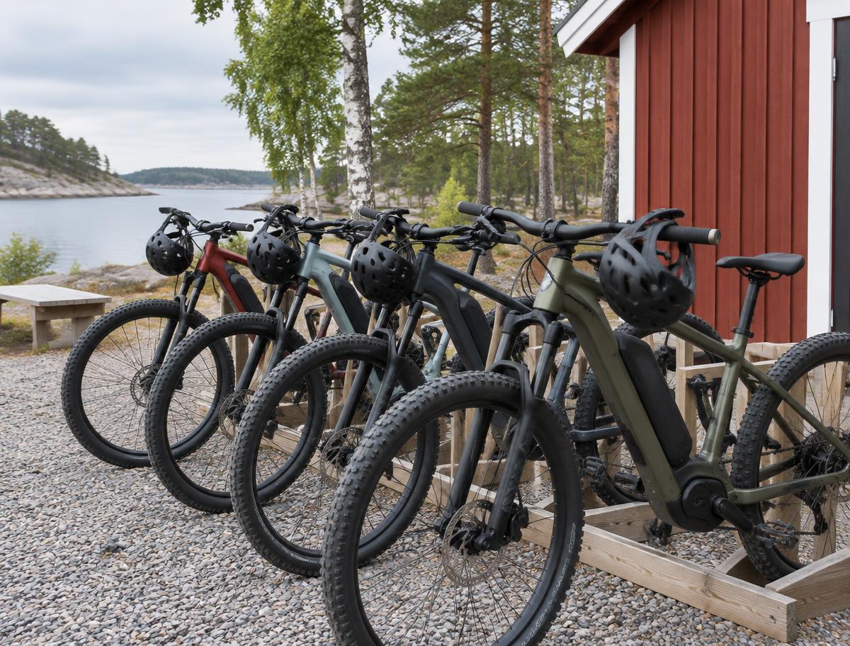 Rad av moderna mountainbikes och elmountainbikes med hjälmar på styret vid ett cykelförråd i rött trä
