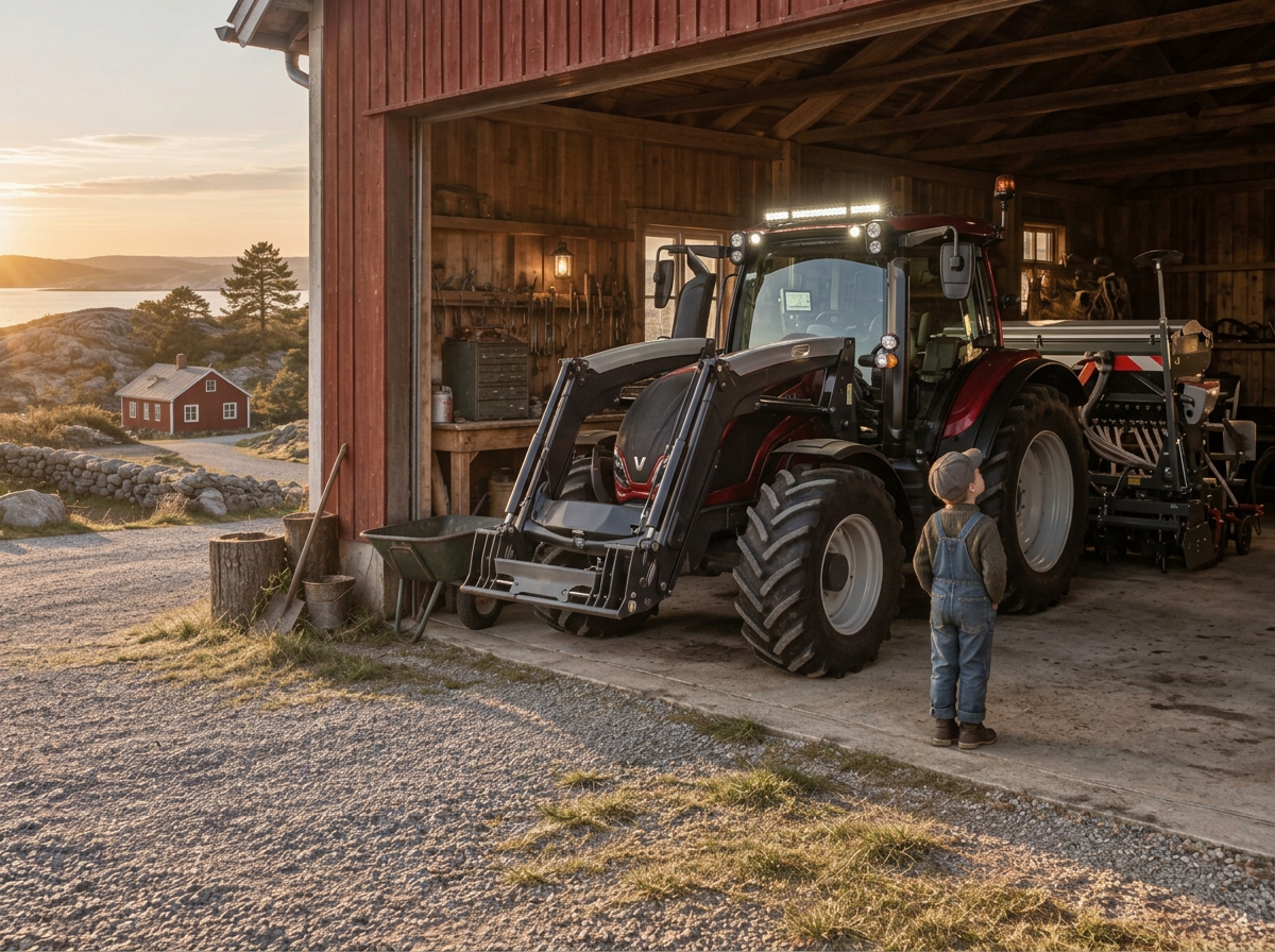 Barn i overall står bredvid en modern röd traktor med förarhytt, skärmar och extraljus och tittar upp mot den
