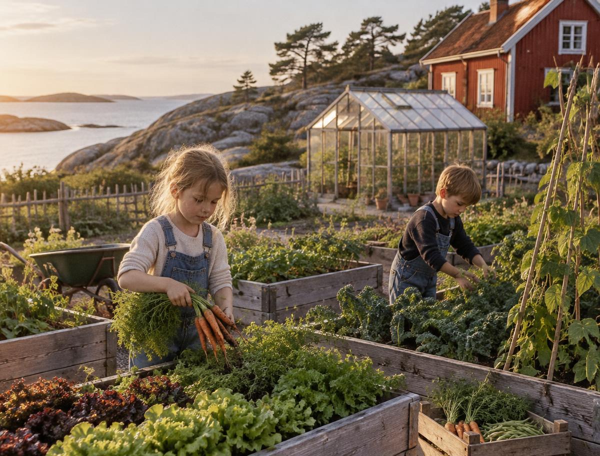 Barn i overall skördar grönsaker i upphöjda odlingslådor framför ett växthus och ett rött trähus vid kusten