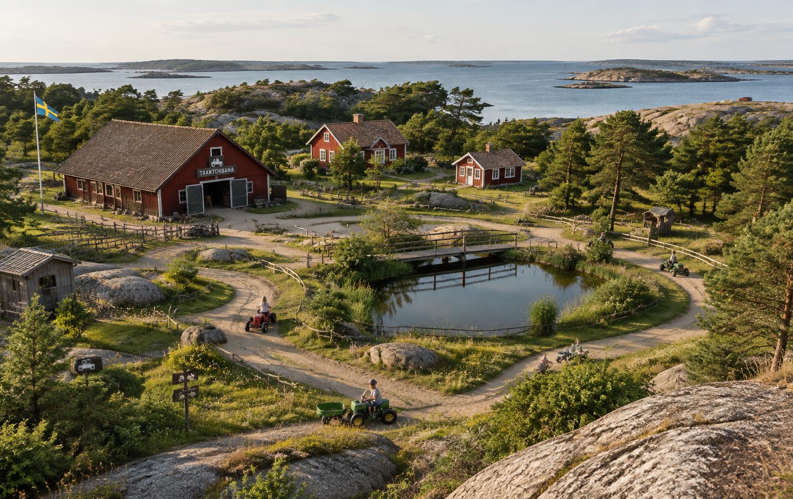 Gårdens röda lada och banor för traktorer omgivna av granit, tallar och hav i bakgrunden