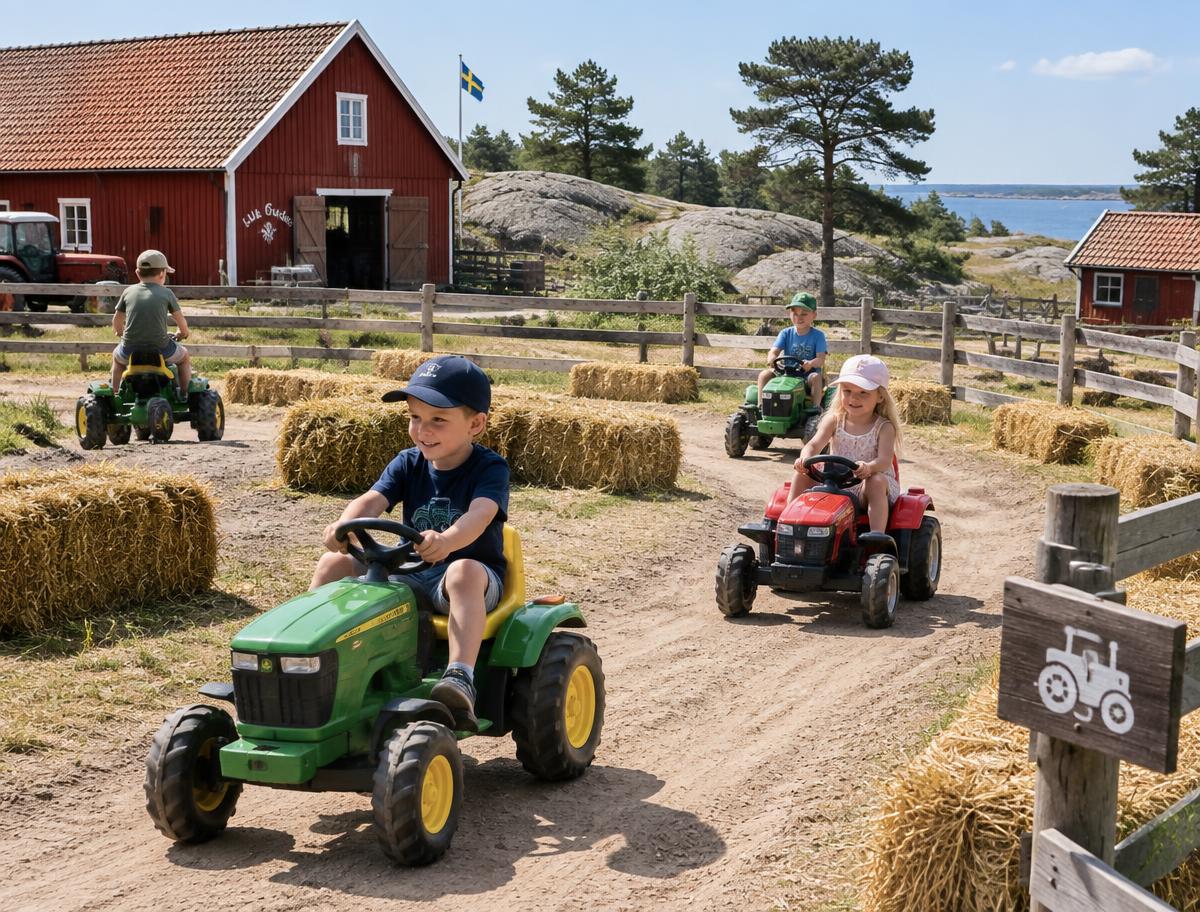 Barn kör tramptraktorer och batteridrivna traktorer på en grusad bana mellan rundbalar