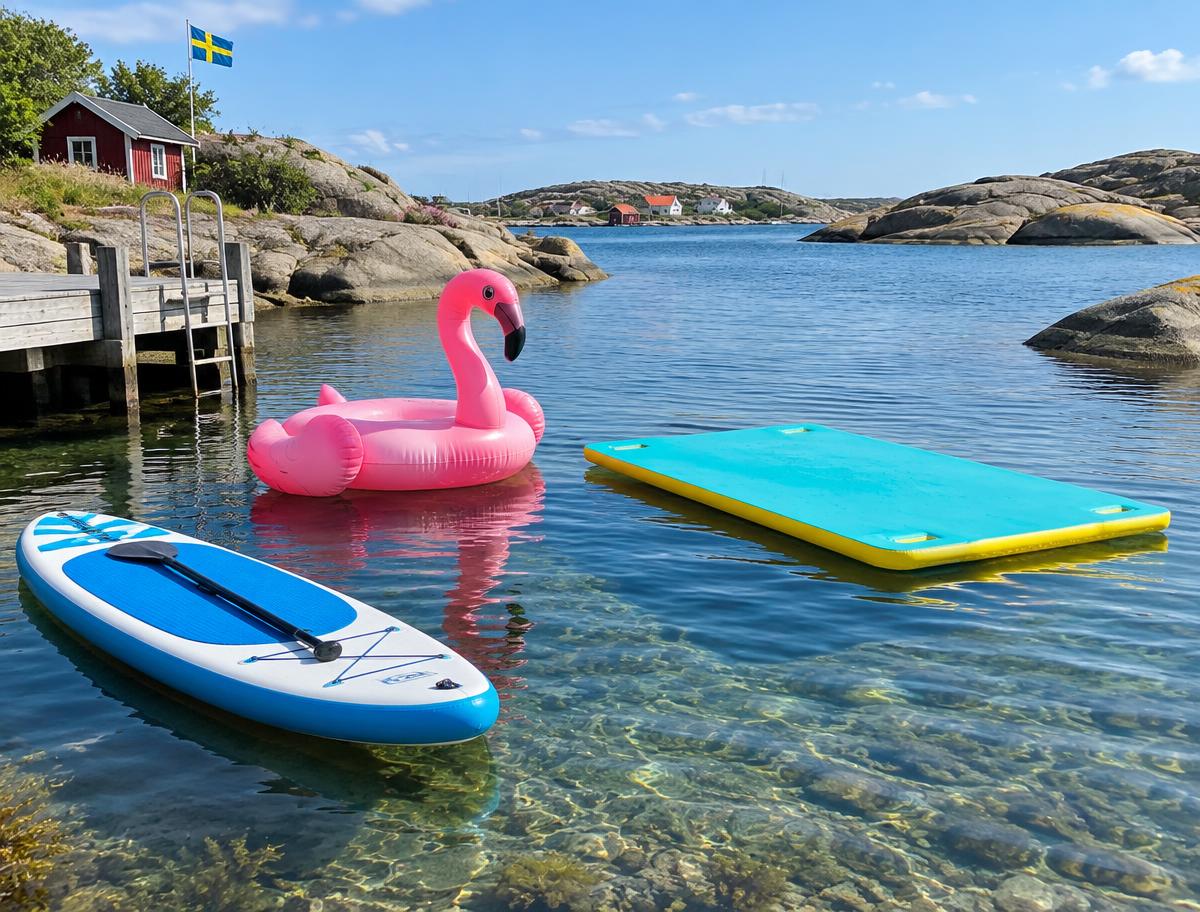 Paddleboard, badmadrass och uppblåsbar flamingo i klart grunt vatten vid en träbrygga