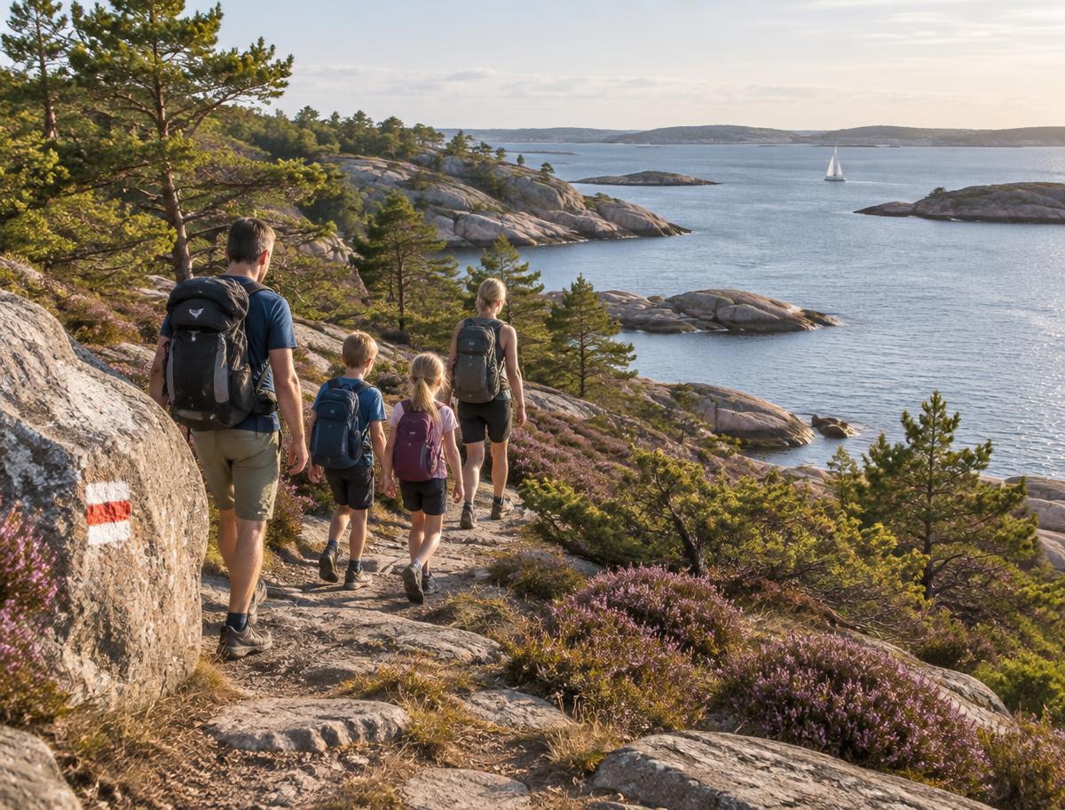 Familj med ryggsäckar vandrar på en stenig kustled mellan rosa granitklippor och havet i Bohuslän